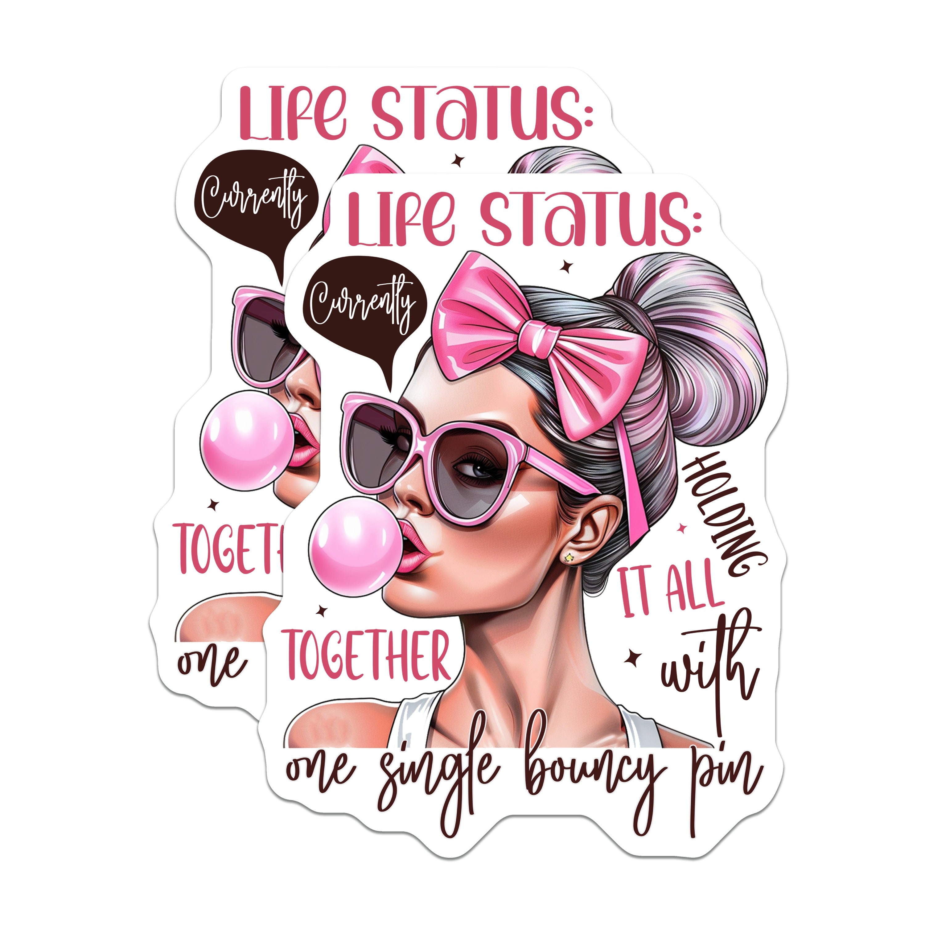 (2 Pack) Life Status Holding It Together Magnets - Funny Relatable Woman - Sarcastic Mom Life - Pink Bubblegum Girl Decor - 5 Inches On Longest Side - Thick Durable Magnet - Made in USA - MAG39542
