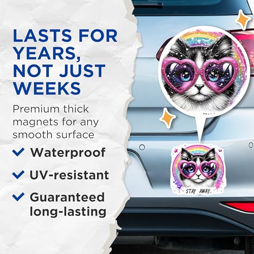 (2 Pack) Stay Away Cat Magnets - Cute Cat Magnets - Rainbow Cat Magnets - Heart Glasses Cat Magnets - 5" On Longest Side - for Cars, Fridges, Toolboxes - Made in USA - MAG4588