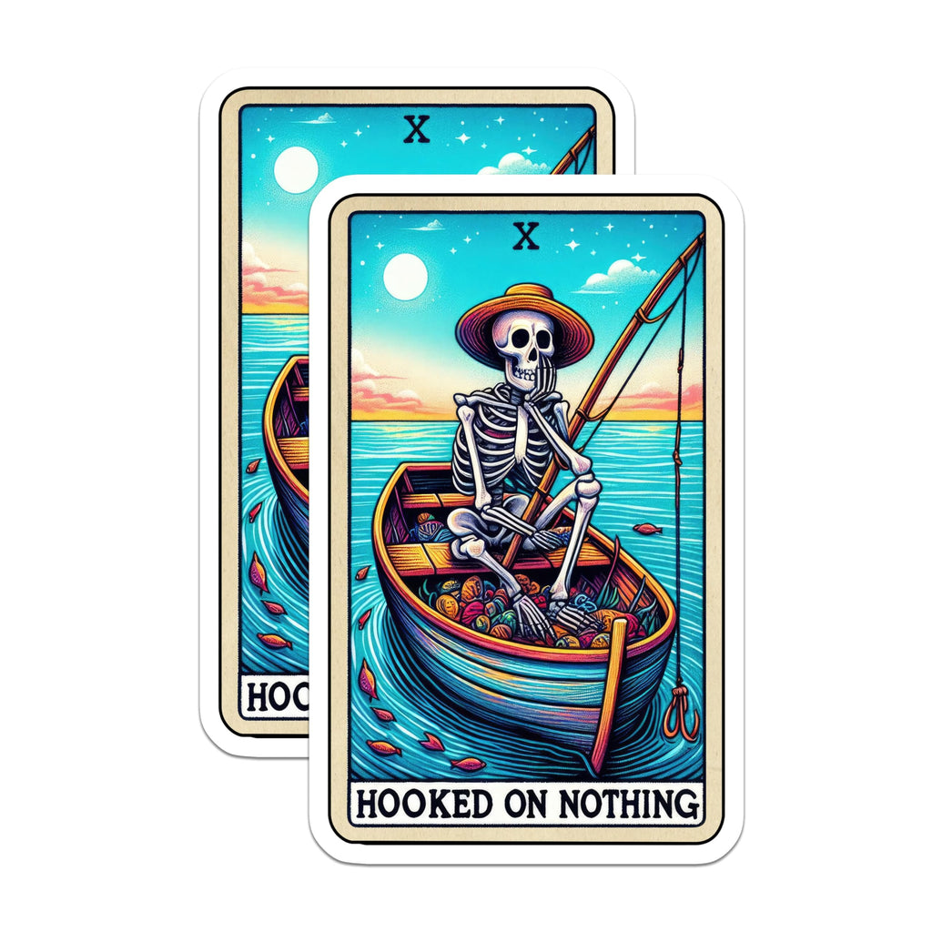 (2 Pack) Hooked on Nothing Stickers - Fishing Skeleton Stickers - Artistic Fishing Stickers - 5" On Longest Side - Sticks to Smooth Flat Surfaces - Made in USA - BMCS5069