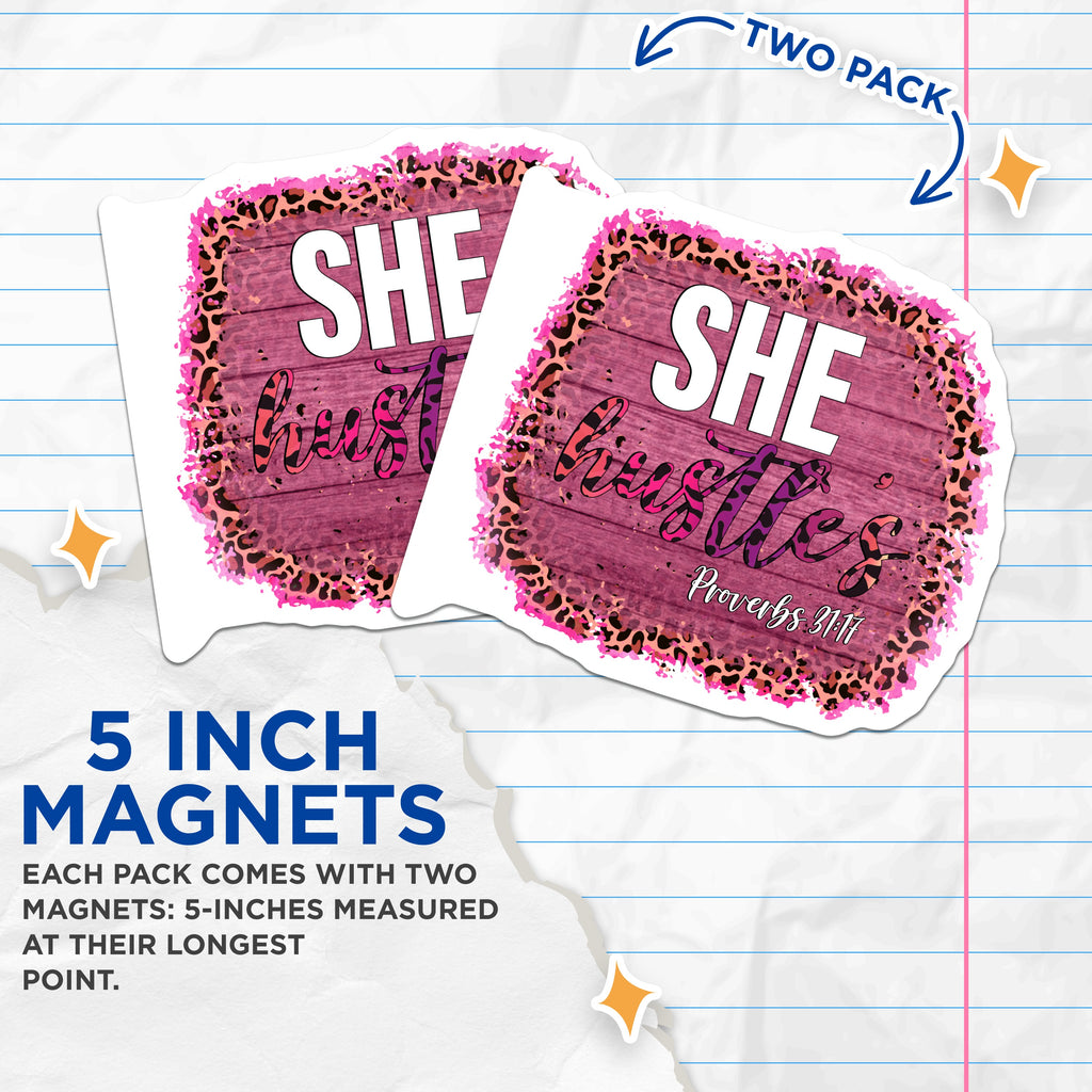 (2 Pack) She Hustles Magnets - Proverbs 31 Faith Decor - Christian Woman Entrepreneur Reminder - 5 Inches On Longest Side - Thick Durable Magnet - Made in USA - MAG39783