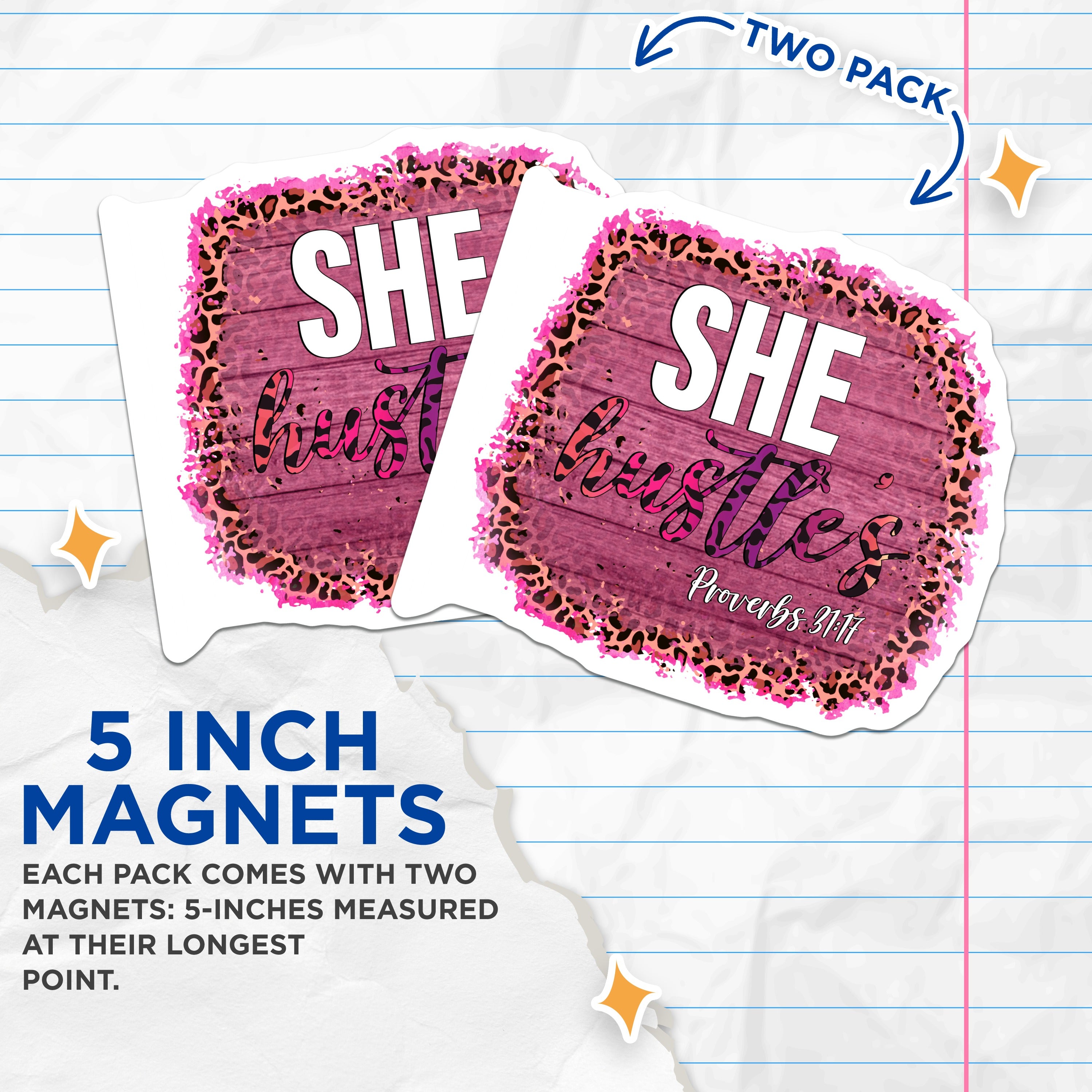 (2 Pack) She Hustles Magnets - Proverbs 31 Faith Decor - Christian Woman Entrepreneur Reminder - 5 Inches On Longest Side - Thick Durable Magnet - Made in USA - MAG39783