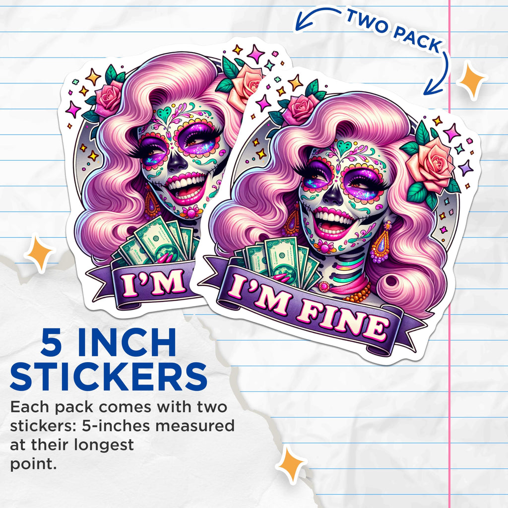 (2 Pack) Day of The Dead Stickers - Sugar Skull Art Stickers - Colorful Skull Stickers Collection - 5" On Longest Side - Sticks to Smooth Flat Surfaces - Made in USA - BMCS5102