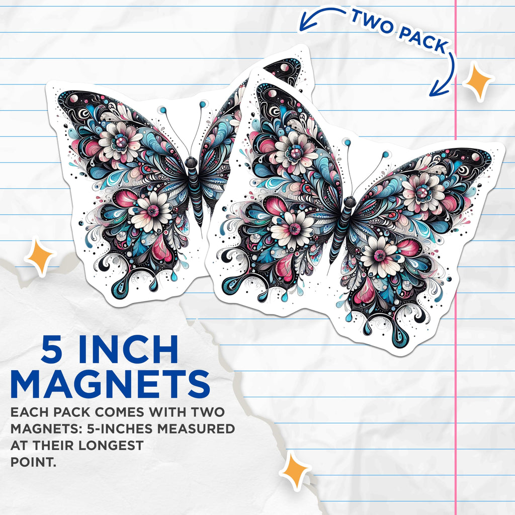 (2 Pack) Butterfly Magnets - Floral Design Decor - Decorative Fridge Refrigerator Magnets - 5" On Longest Side - Premium Magnet - for Cars, Refrigerators, Toolboxes, Lockers - Made in USA - MAG15140