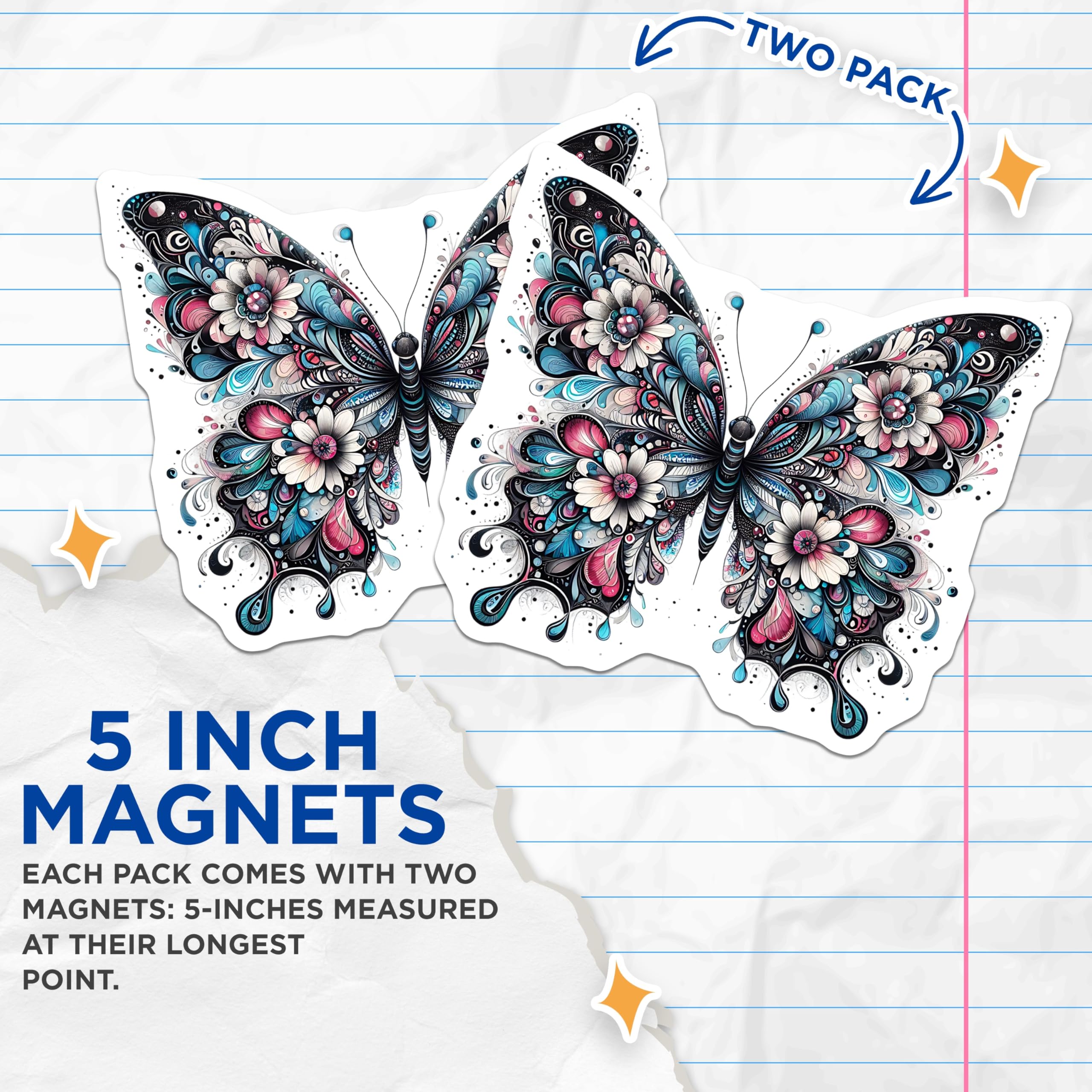 (2 Pack) Butterfly Magnets - Floral Design Decor - Decorative Fridge Refrigerator Magnets - 5" On Longest Side - Premium Magnet - for Cars, Refrigerators, Toolboxes, Lockers - Made in USA - MAG15140