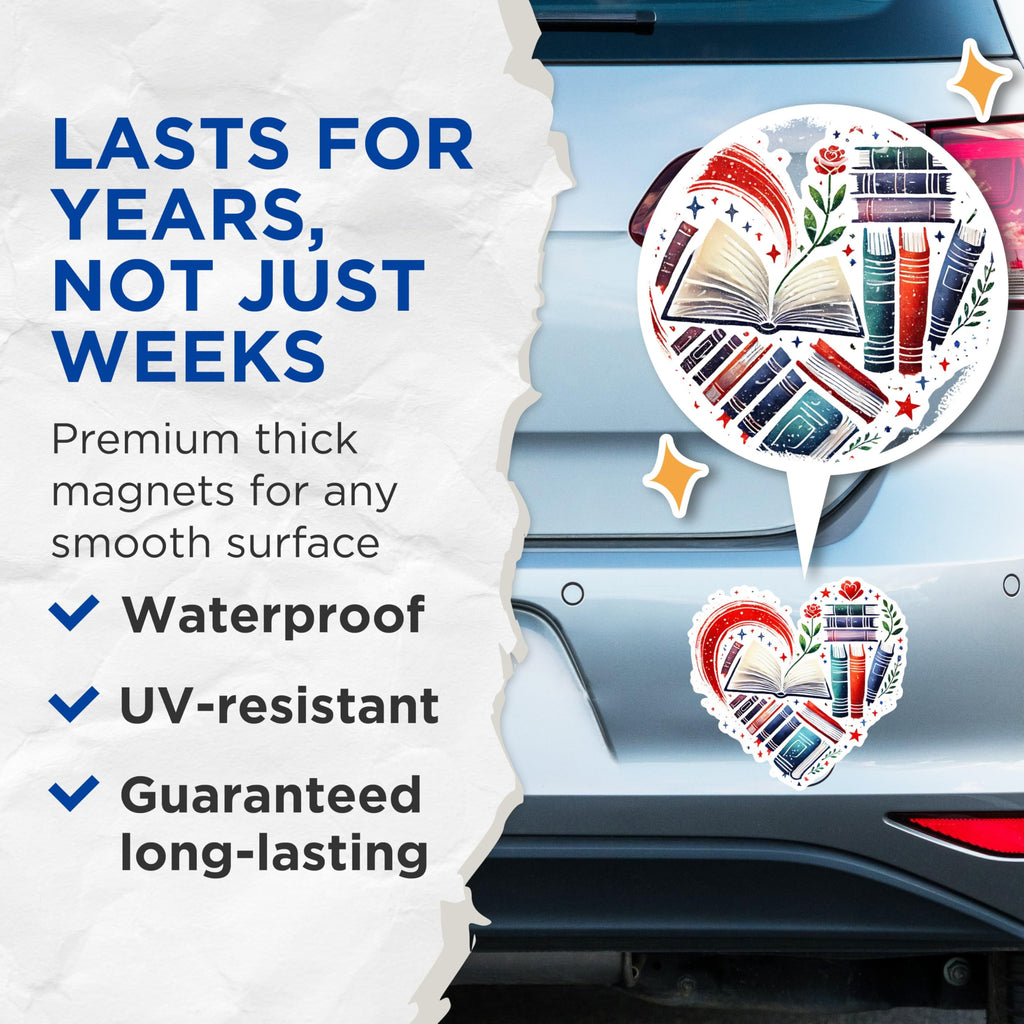 (2 Pack) Heart Shaped Book Lover Magnets - Literary Theme Magnets - Bookworm Decor Magnets- 5" On Longest Side - for Fridges, Toolboxes, Cars - Made in USA - MAG2763
