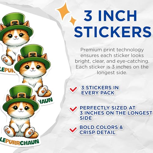 (3 Pack) Lepurrchaun Decals - Cat St Patricks Day - Funny Animal Decals - 3 Inches On Longest Side - Easy Peel & Apply - Made in USA - 3MCS6876