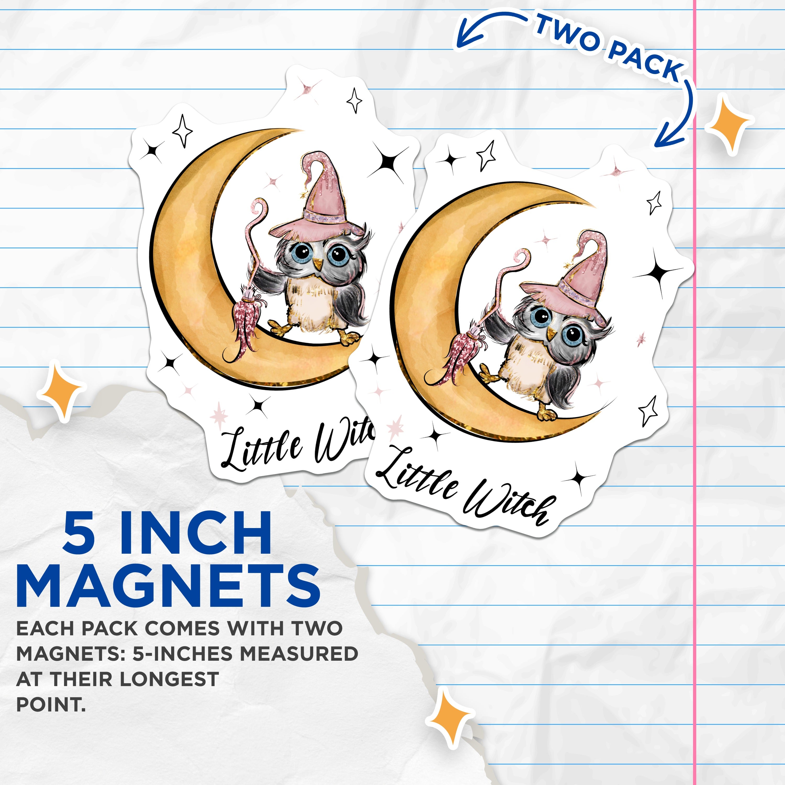(2 Pack) Adorable Witchy Owl Magnets - Celestial Moon Decor - Kawaii Fantasy Fridge Locker - 5 Inches On Longest Side - Thick Durable Magnet - Made in USA - MAG38214