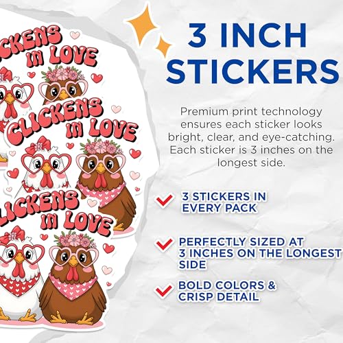 (3 Pack) Chickens in Love Decals - Cute Chicken Sticker - Valentine's Day Decal - 3 Inches On Longest Side - Easy Peel & Apply - Made in USA - 3MCS1836