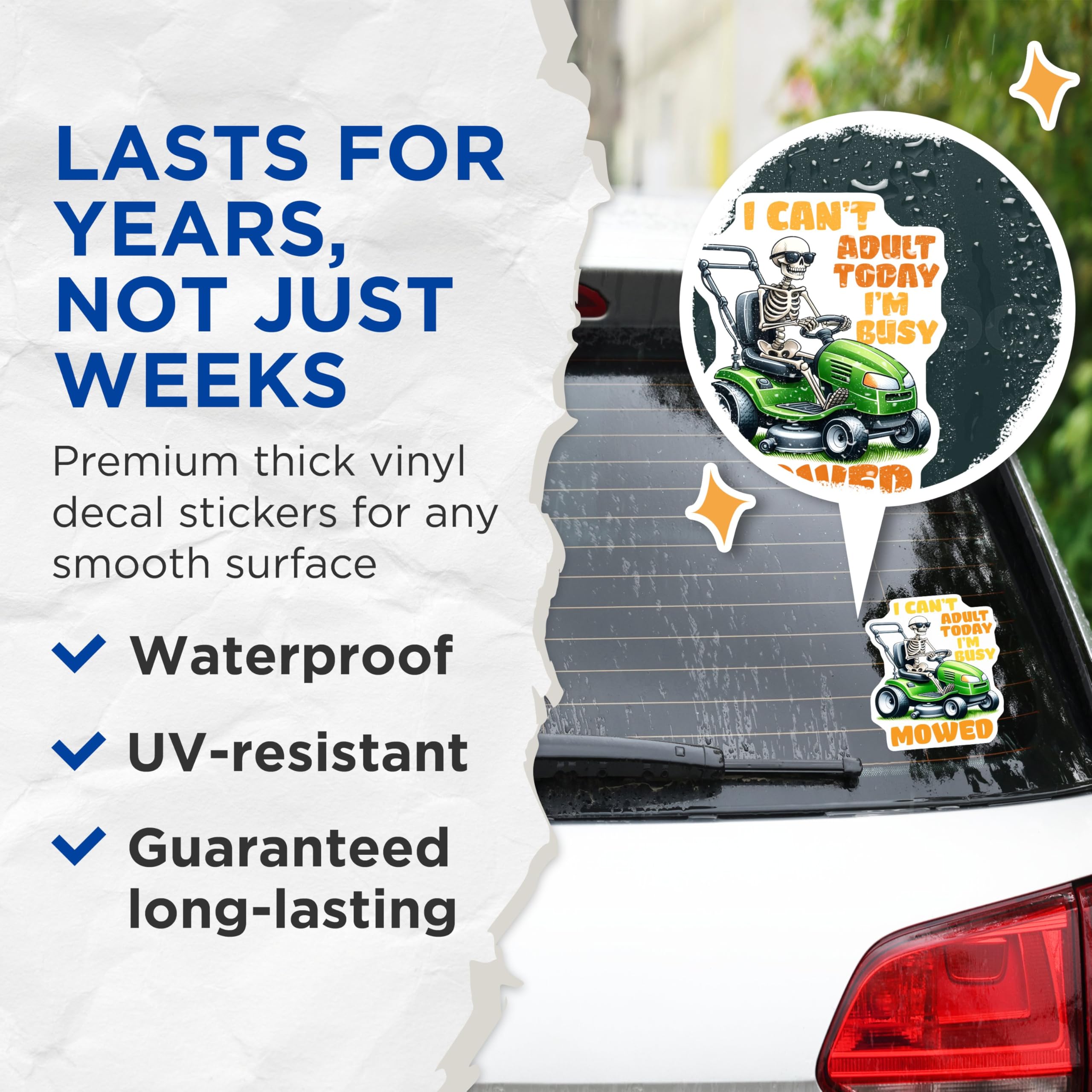 (2 Pack) Funny Skeleton Mowing Stickers - Adulting Humor - Lawn Mower Decal - 5" On Longest Side - Sticks to Smooth Flat Surfaces - Made in USA - BMCS9760