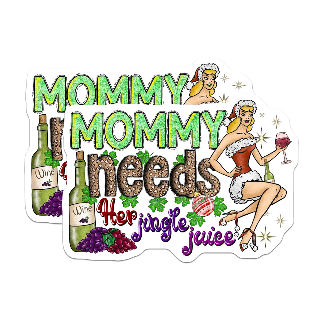 (2 Pack) Mommy Needs Jingle Juice Magnets - Funny Christmas Wine Mom - Retro Santa Woman Decor - 5 Inches On Longest Side - Thick Durable Magnet - Made in USA - MAG25152