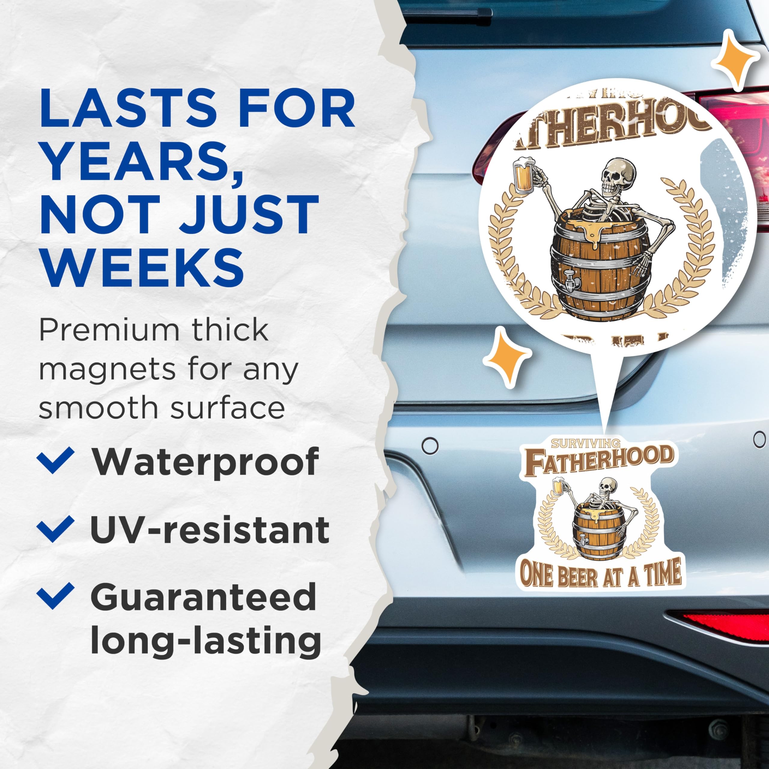 (2 Pack) Fatherhood Magnets - Skeleton Beer - Dad One Beer At A Time - 5" On Longest Side - Premium Magnet - for Cars, Refrigerators, Toolboxes, Lockers - Made in USA - MAG17783