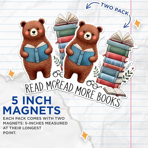 (2 Pack) Cute Bear Reading Magnets - Inspirational Book Magnets - Read More Books Home Office Decor Magnets- 5" On Longest Side - for Fridges, Toolboxes, Cars - Made in USA - MAG2750