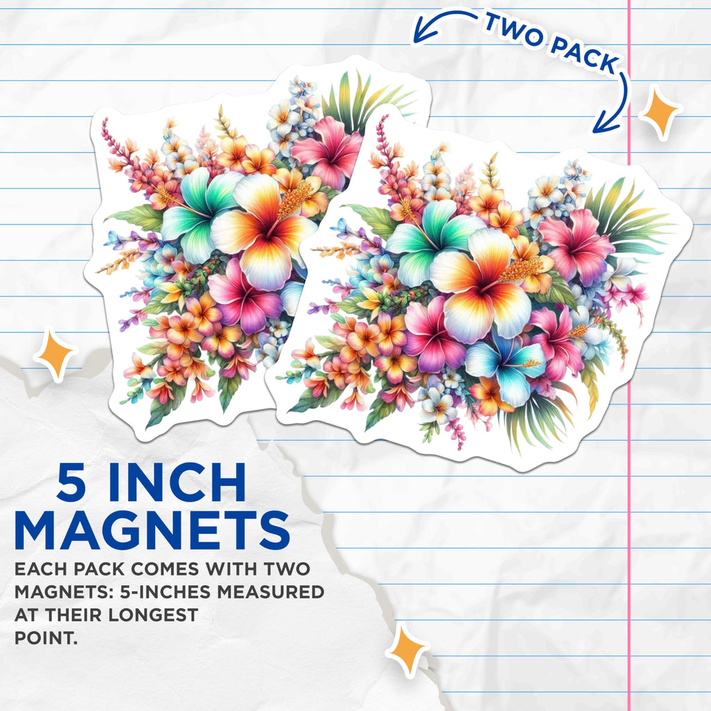 (2 Pack) Tropical Flowers Magnets - Vibrant Hibiscus Plumeria Art - Refrigerator Decor Aloha - 5 Inches On Longest Side - Thick Durable Magnet - Made in USA - MAG21196