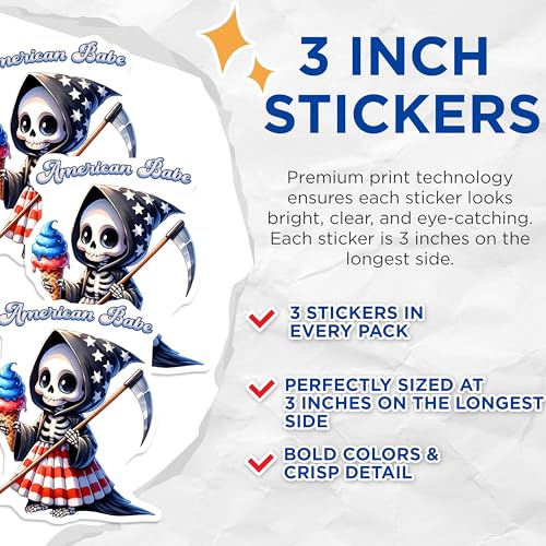 (3 Pack) American Babe Decals - Grim Reaper - Ice Cream - Laptop Decal - 3 Inches On Longest Side - Easy Peel & Apply - Made in USA - 3MCS6677