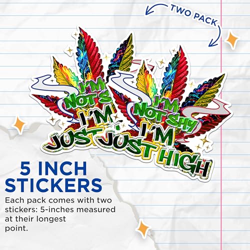 (2 Pack) I'm Not Shy I'm Just High Stickers - Cannabis Leaf Stickers - Weed Humor Vinyl Stickers - 5" On Longest Side - Sticks to Any Smooth Flat Surface - Made in USA - BMCS2587
