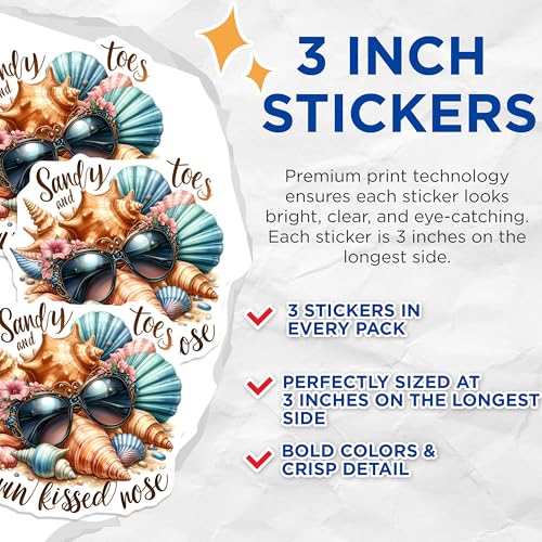 (3 Pack) Beach Decals - Summer Vibes Sticker - Sandy Toes Decals - 3 Inches On Longest Side - Easy Peel & Apply - Made in USA - 3MCS8036
