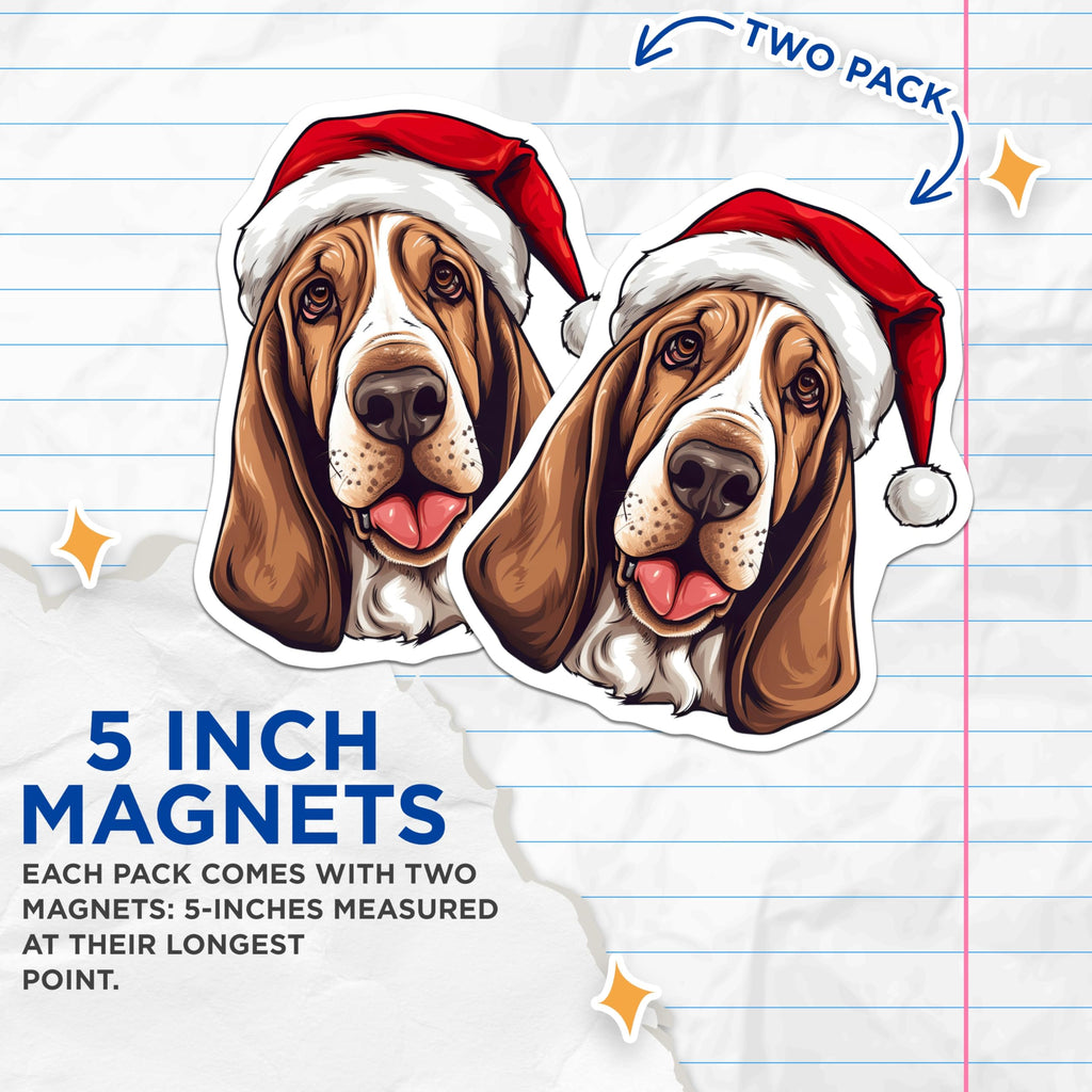 (2 Pack) Basset Hound Christmas Magnets - Santa Dog Refrigerator - Holiday Dog Mom Decor - 5 Inches On Longest Side - Thick Durable Magnet - Made in USA - MAG29557
