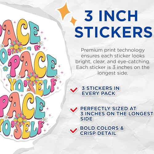(3 Pack) Pace Yourself Decals - Retro Stickers - Hippie Style Decals - 3 Inches On Longest Side - Easy Peel & Apply - Made in USA - 3MCS7902