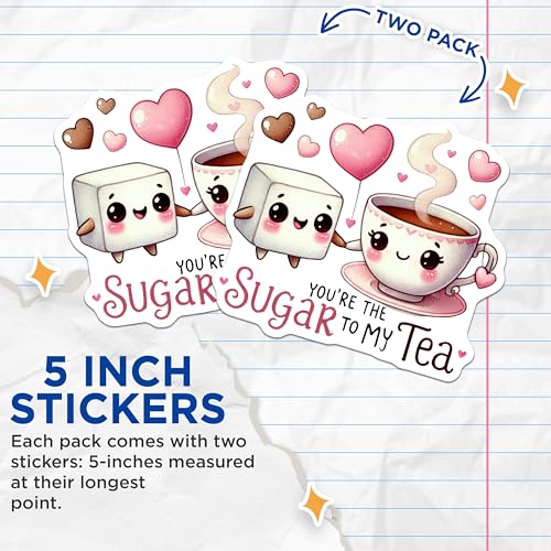 (2 Pack) Cute Sugar Tea Stickers - Kawaii Coffee Stickers - Adorable Hot Drink Stickers - 5" On Longest Side - Sticks to Any Smooth Flat Surface - Made in USA - BMCS3569