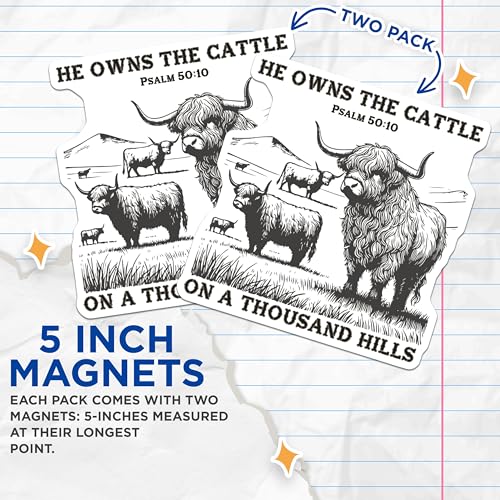 (2 Pack) He Owns The Cattle Magnets - Psalm 5010 Magnets - Religious Cow Magnets - Biblical Verse Magnets for Fridge - 5" On Longest Side - for Cars, Fridges, Toolboxes - Made in USA - MAG7278