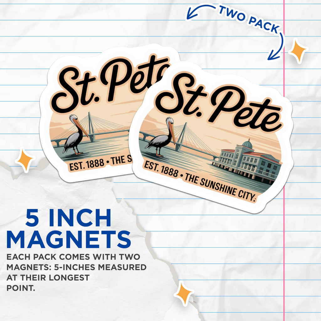 (2 Pack) St Pete Florida Magnets - Sunshine City Travel Decor - Tampa Bay Souvenir - 5" On Longest Side - Premium Magnet - for Cars, Refrigerators, Toolboxes, Lockers - Made in USA - MAG17304