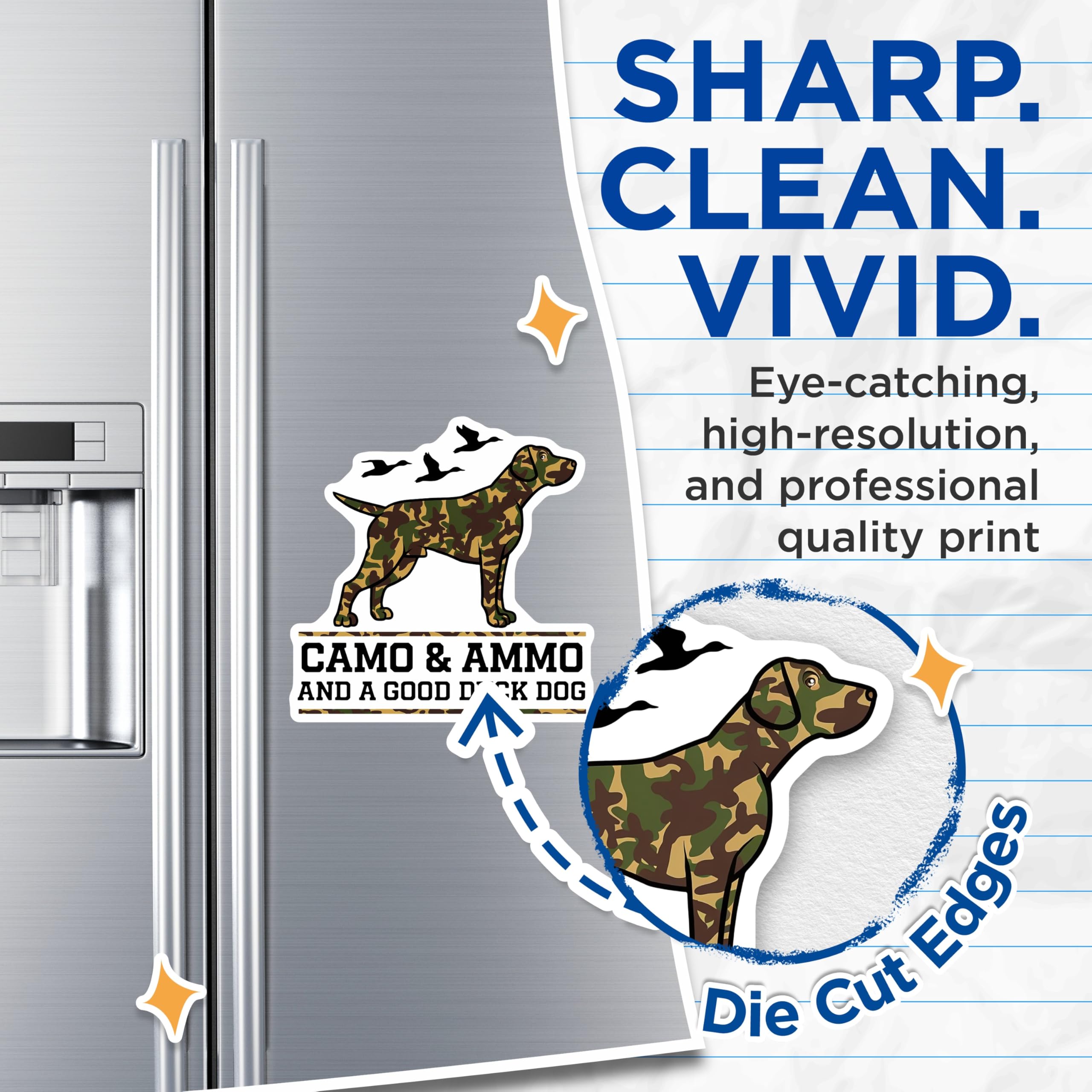 (2 Pack) Camo and Ammo Duck Dog Magnets - Hunting Retriever Decor - Outdoorsman Vehicle Decals - 5 Inches On Longest Side - Thick Durable Magnet - Made in USA - MAG19904