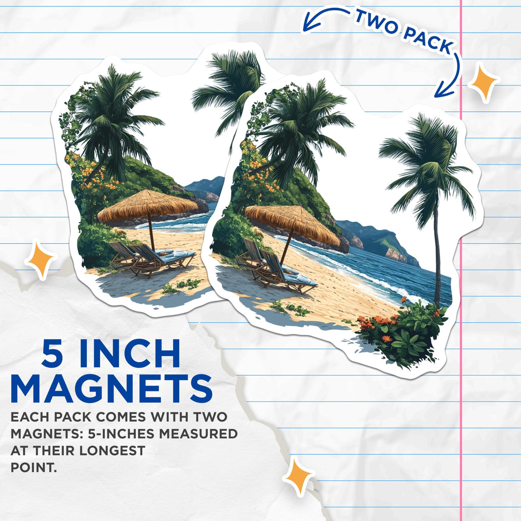(2 Pack) Tropical Beach Scene Magnets - Ocean View Decor - Vacation Paradise Fridge Art - 5 Inches On Longest Side - Thick Durable Magnet - Made in USA - MAG30575
