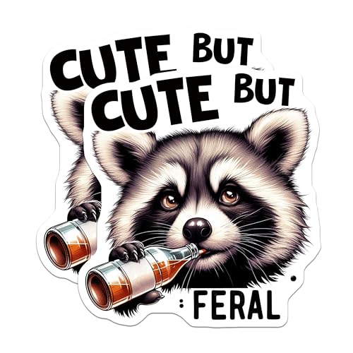 (2 Pack) Cute But Feral Stickers - Funny Animal Stickers - Raccoon Drinking Sticker Set - 5" On Longest Side - Sticks to Smooth Flat Surfaces - Made in USA - BMCS4575