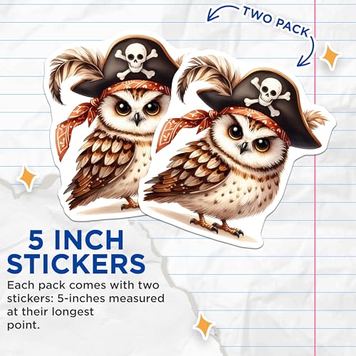 (2 Pack) Pirate Owl Stickers - Cute Animal Stickers - Kids Room Decor - Laptop Decals - Scrapbooking Supplies - 5" On Longest Side - Sticks to Smooth Flat Surfaces - Made in USA - BMCS7063