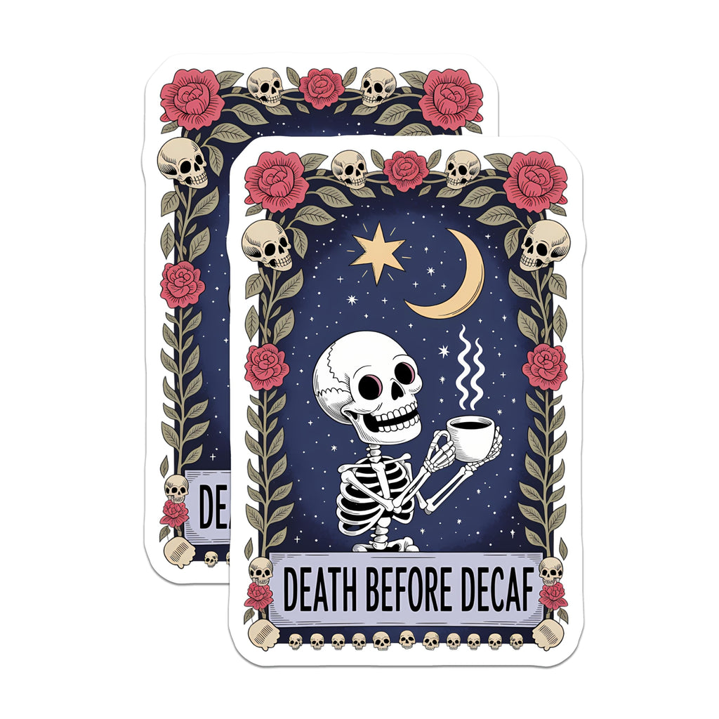 (2 Pack) Death Before Decaf Magnets - Skeleton Coffee Addict Art - Spooky Gothic Kitchen Decor - Dark Academia Fridge Magnet - 5 Inches On Longest Side - Thick Durable Magnet - Made in USA - MAG22304
