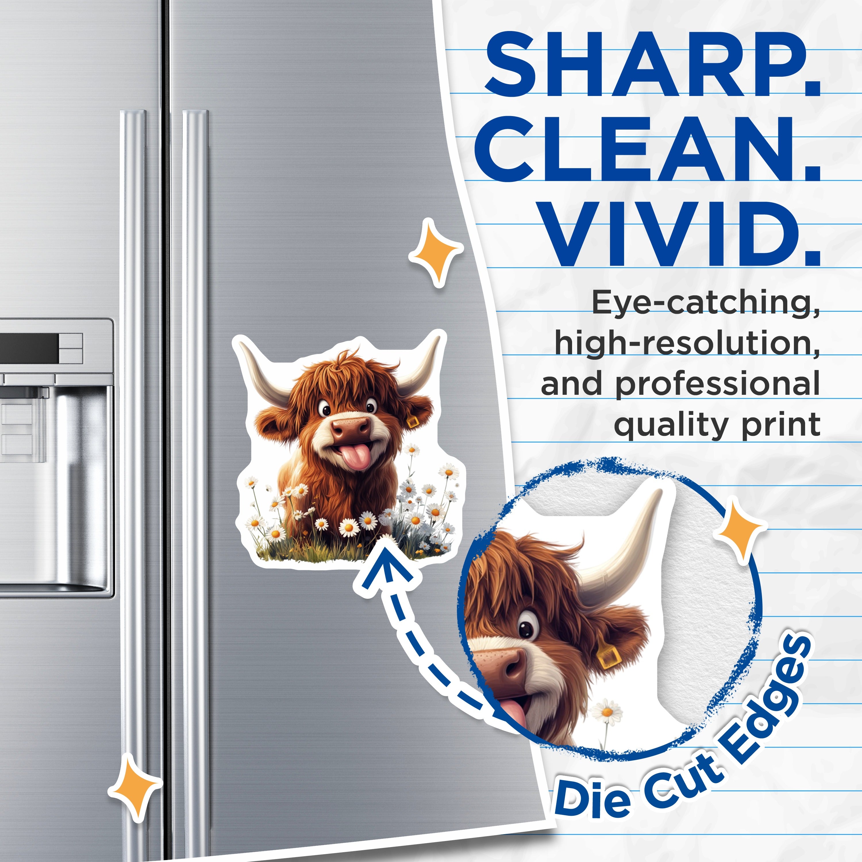 (2 Pack) Highland Cow Magnets - Adorable Shaggy Calf Art - Whimsical Daisy Meadow Decor - Farm Animal Refrigerator Accent - 5 Inches On Longest Side - Thick Durable Magnet - Made in USA - MAG36074