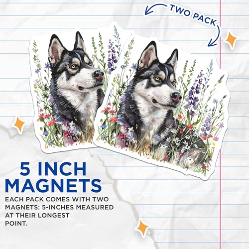 (2 Pack) Husky Dog Magnets - Floral Dog Decor - Cute Husky Art Prints - 5" On Longest Side - for Cars, Fridges, Toolboxes - Made in USA - MAG7077
