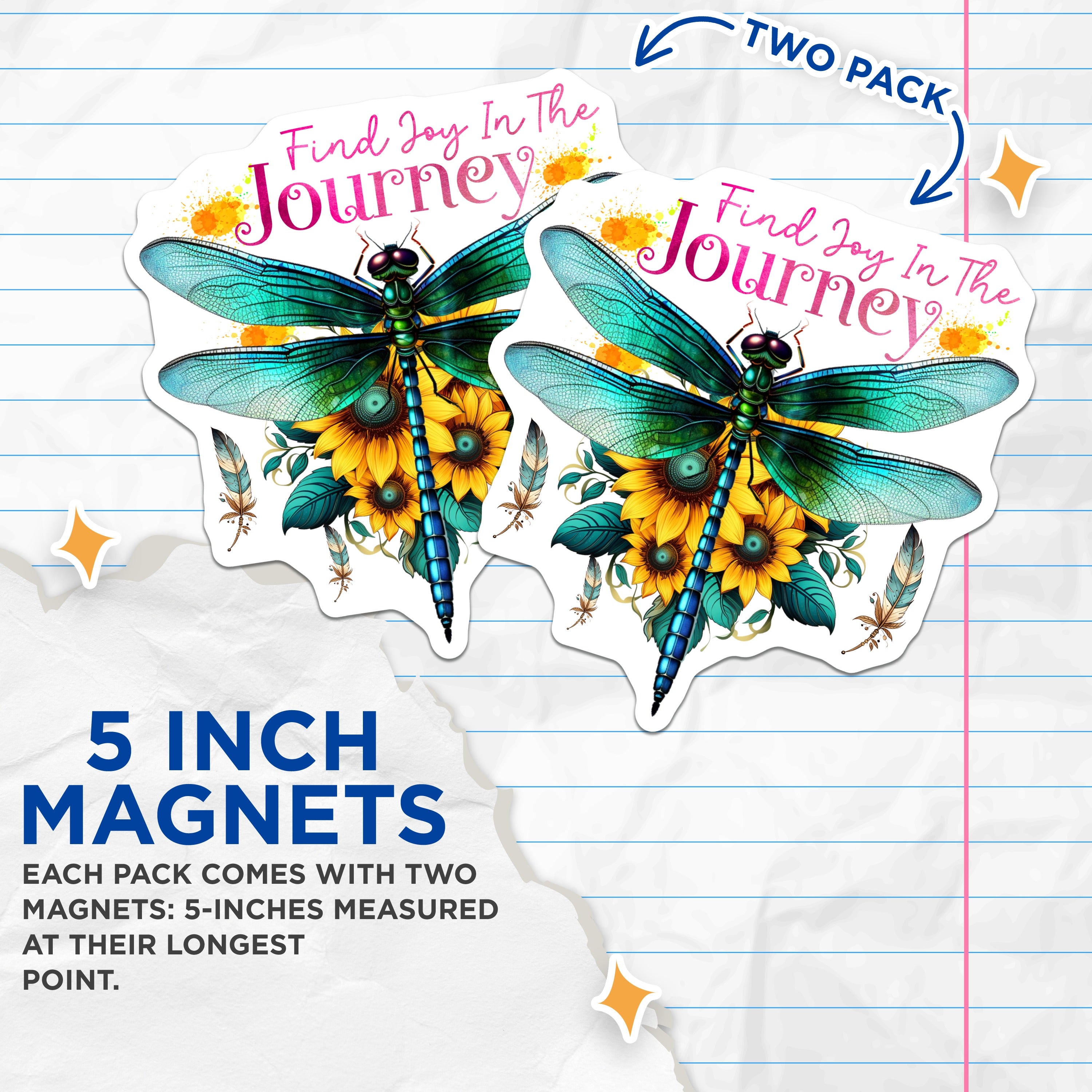 (2 Pack) Find Joy in The Journey Dragonfly Magnets - Inspirational Sunflowers Boho Refrigerator Decor - Encouragement Mantra - 5 Inches On Longest Side - Thick Durable Magnet - Made in USA - MAG38090