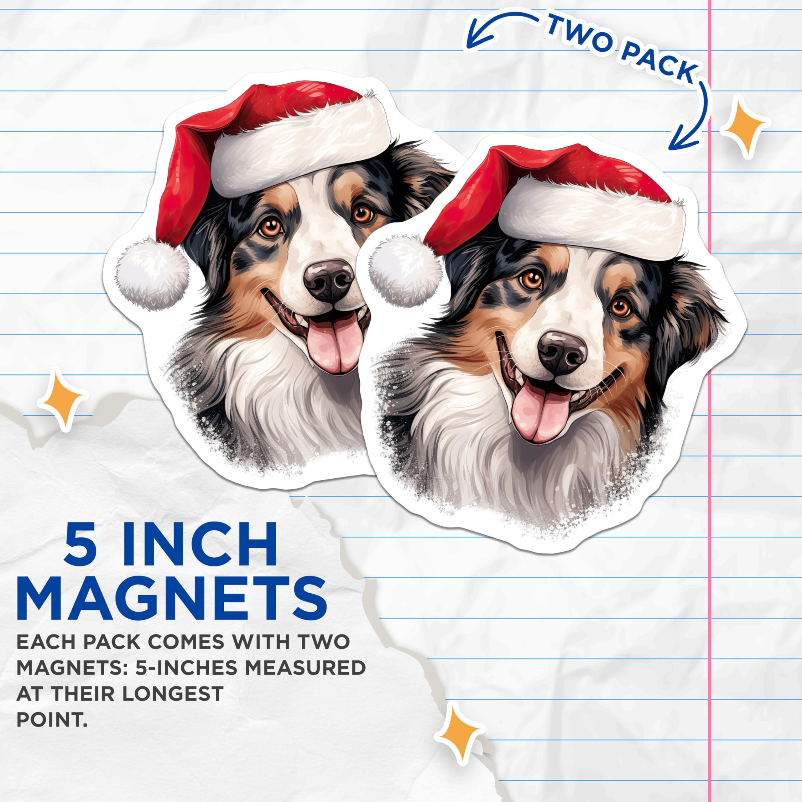 (2 Pack) Christmas Dog Magnets - Santa Hat Australian Shepherd Decor - Holiday Pet Lover Present for Fridge - 5 Inches On Longest Side - Thick Durable Magnet - Made in USA - MAG27263