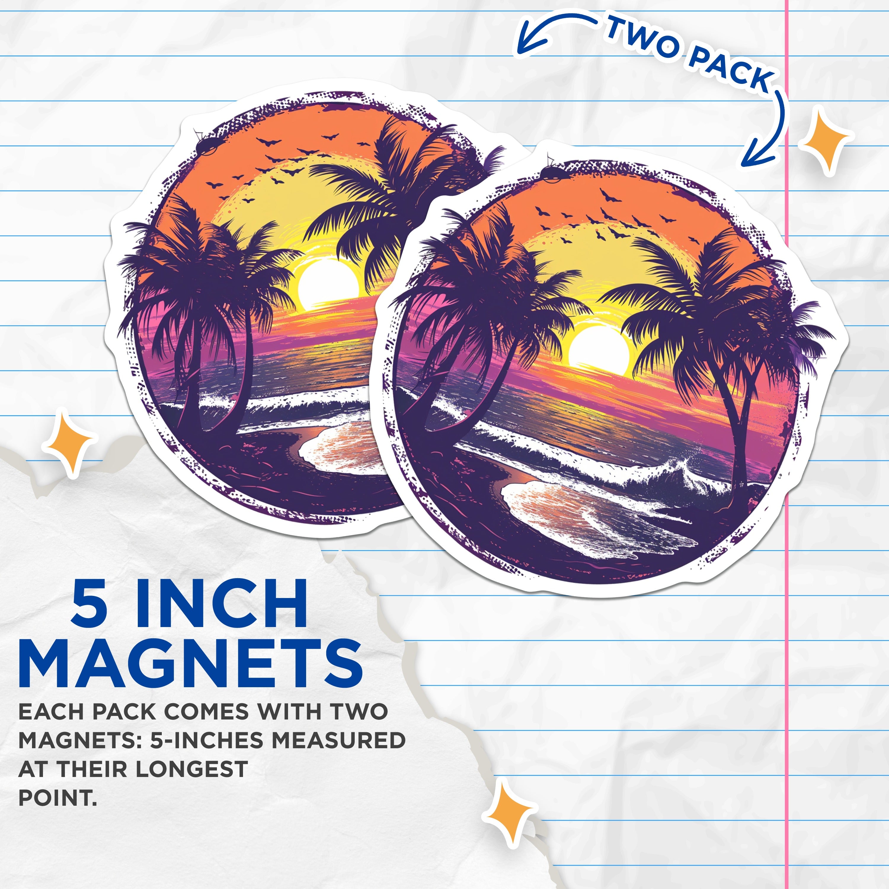 (2 Pack) Sunset Beach Magnets - Tropical Palm Tree Ocean Fridge Decor - Vacation Vibe Aesthetic Locker Magnet - 5 Inches On Longest Side - Thick Durable Magnet - Made in USA - MAG38044