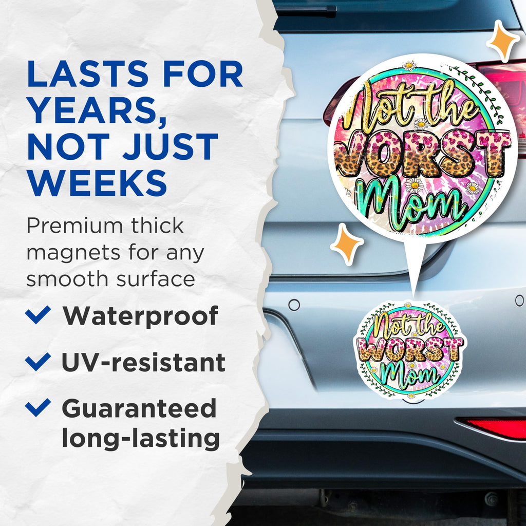 (2 Pack) Not the Worst Mom Magnets - Funny Mom Life Refrigerator Decor - Sarcastic Mother's Day Humor - 5 Inches On Longest Side - Thick Durable Magnet - Made in USA - MAG30326