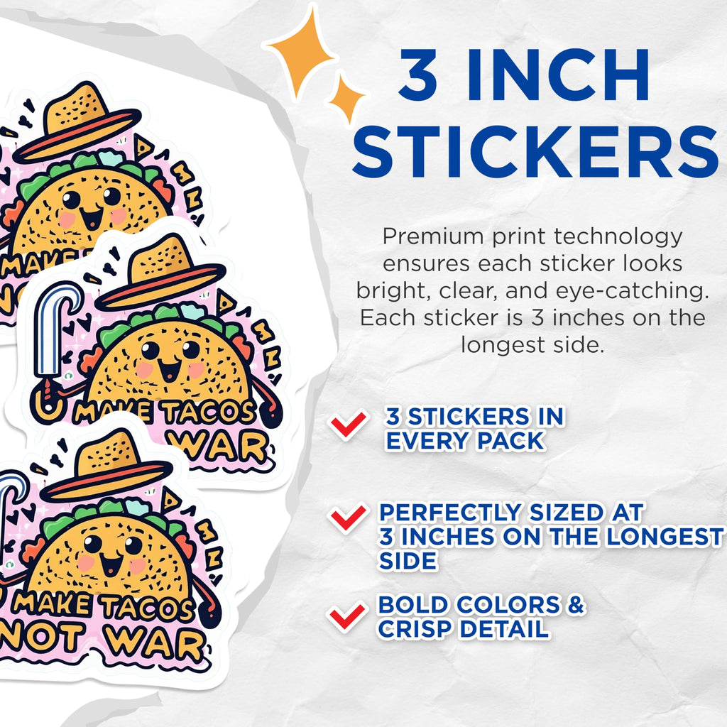 (3 Pack) Taco Decals - Make Tacos Not War - Laptop Decal - 3 Inches On Longest Side - Easy Peel & Apply - Made in USA - 3MCS0548