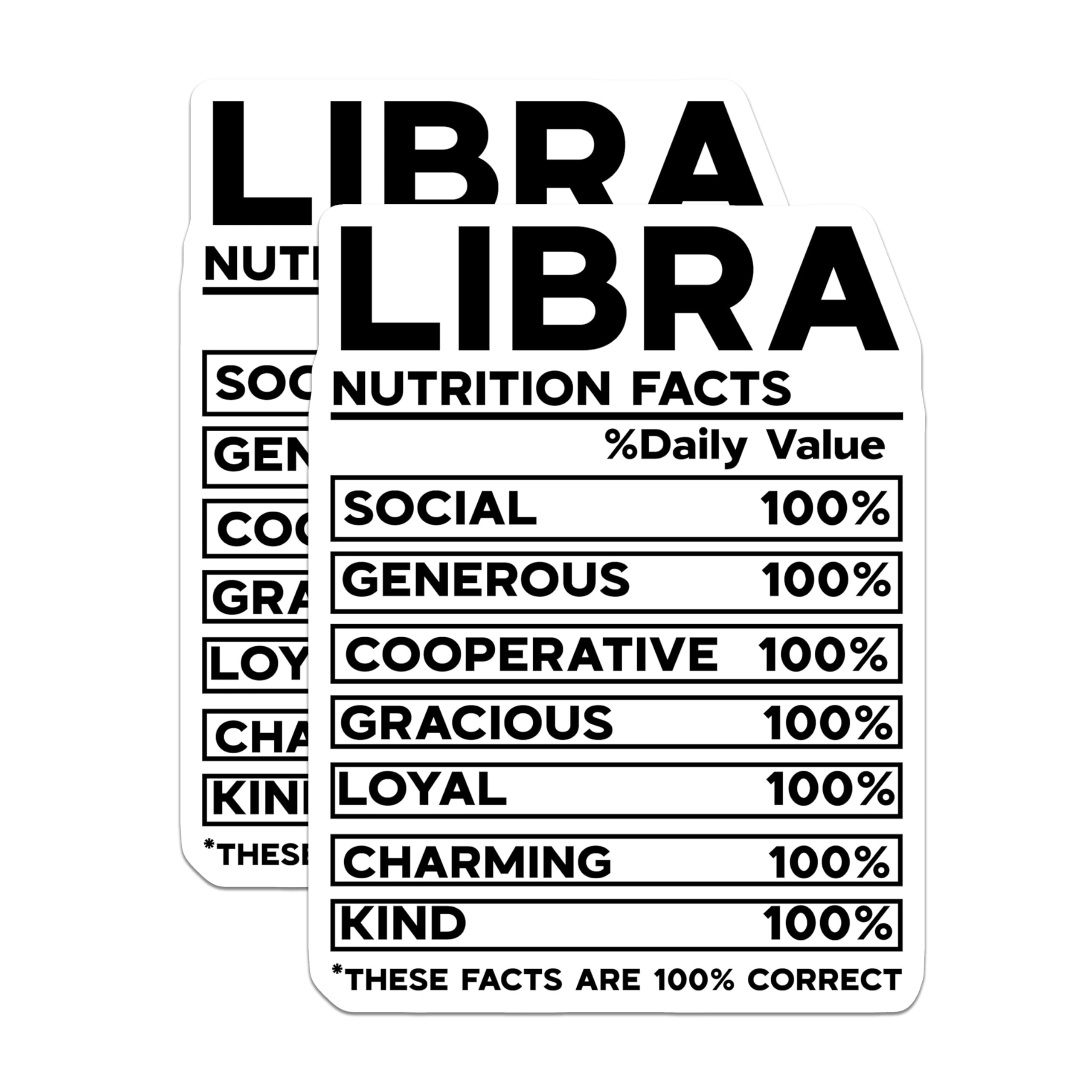 (2 Pack) Libra Nutrition Facts Stickers - Zodiac Sign - Astrology Chart - Horoscope Personal Traits - 5" On Longest Side - Sticks to Smooth Flat Surfaces - Made in USA - BMCS5141