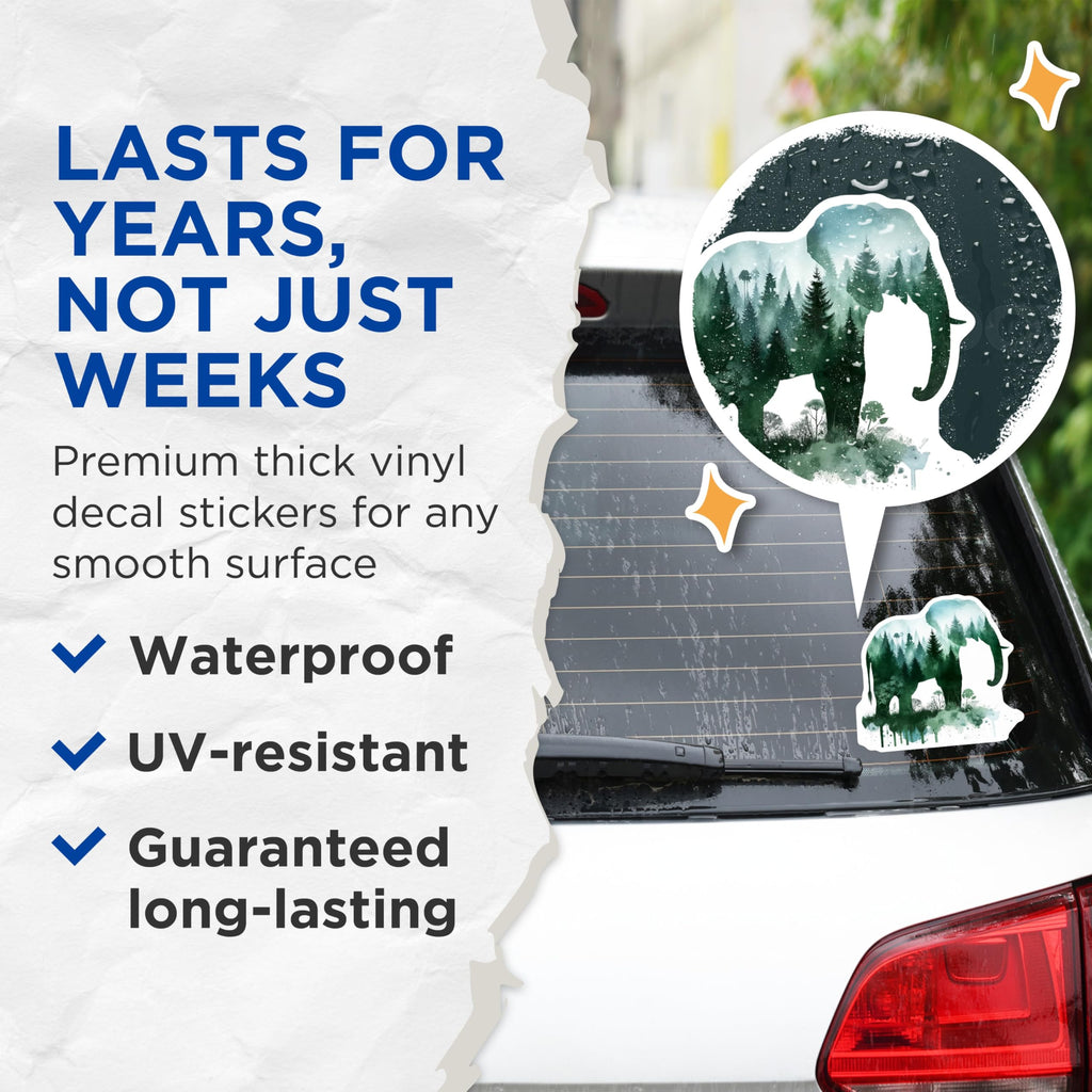 (2 Pack) Elephant Forest Stickers - Nature Stickers - Animal Silhouette - 5" On Longest Side - Sticks to Smooth Flat Surfaces - Made in USA - BMCS14514