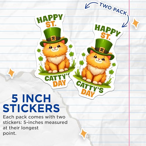 (2 Pack) Happy St. Catty's Day Stickers - Cute Cat - St. Patrick's Day - Irish Cat - 5" On Longest Side - Sticks to Smooth Flat Surfaces - Made in USA - BMCS8102
