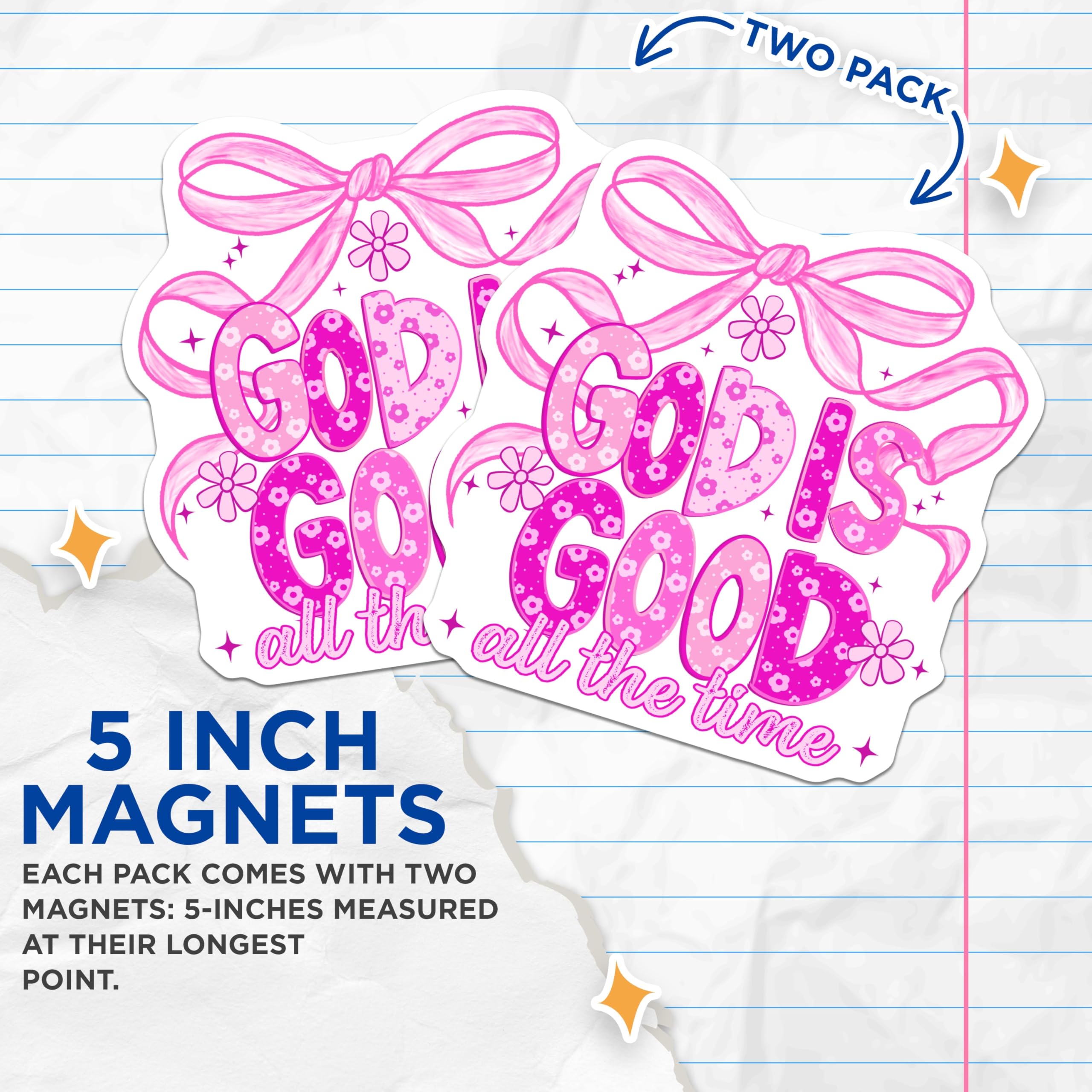 (2 Pack) Christian Faith Magnets - God is Good All The Time - Pink Bow Floral Magnet - 5 Inches On Longest Side - Thick Durable Magnet - Made in USA - MAG22313