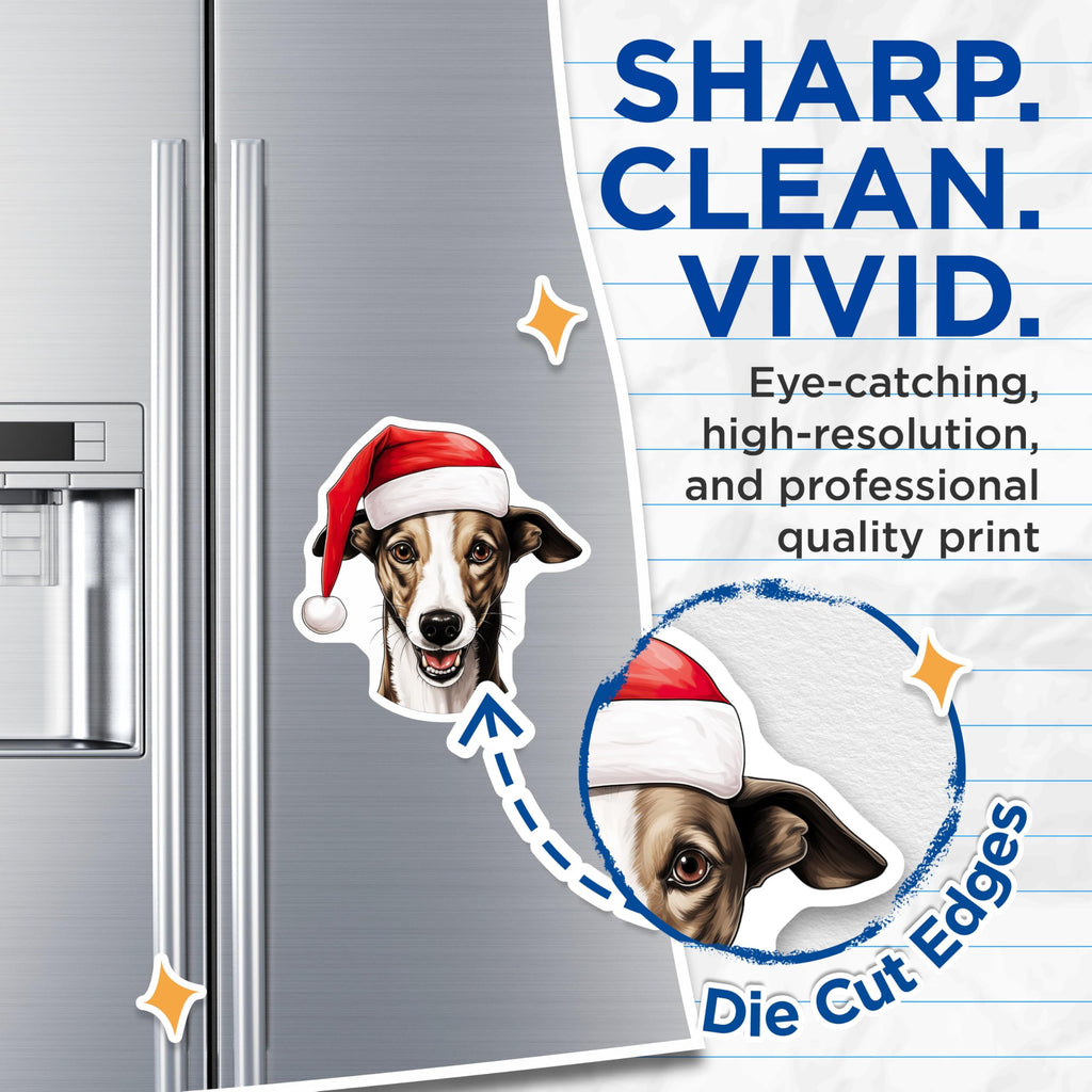 (2 Pack) Christmas Dog Magnets - Santa Hat Whippet Decor - Holiday Pet Refrigerator Magnets - 5 Inches On Longest Side - Thick Durable Magnet - Made in USA - MAG23827