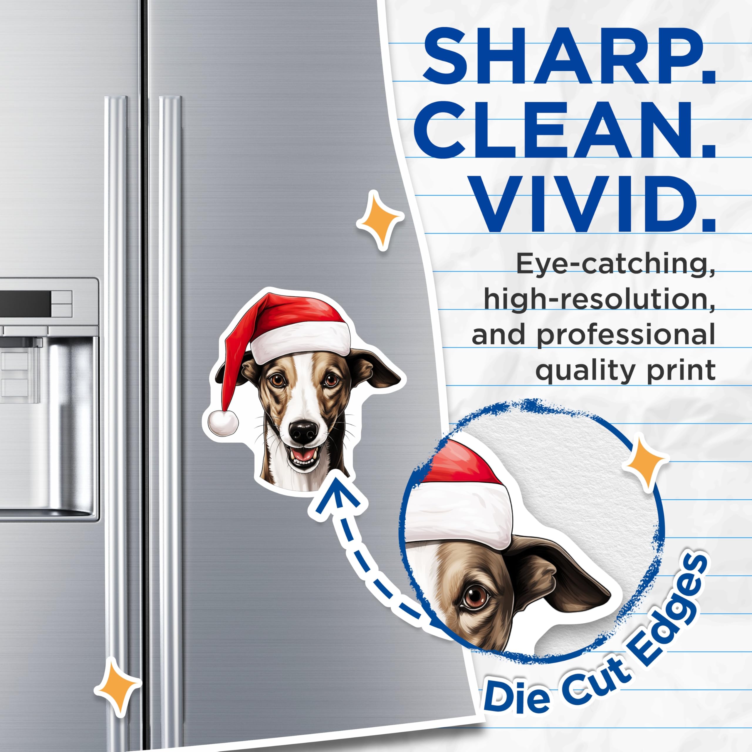 (2 Pack) Christmas Dog Magnets - Santa Hat Whippet Decor - Holiday Pet Refrigerator Magnets - 5 Inches On Longest Side - Thick Durable Magnet - Made in USA - MAG23827