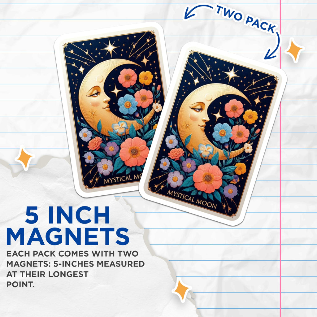 (2 Pack) Mystical Floral Moon Magnets - Celestial Starry Night Art - Bohemian Witchy Fridge Decoration - 5 Inches On Longest Side - Thick Durable Magnet - Made in USA - MAG20198
