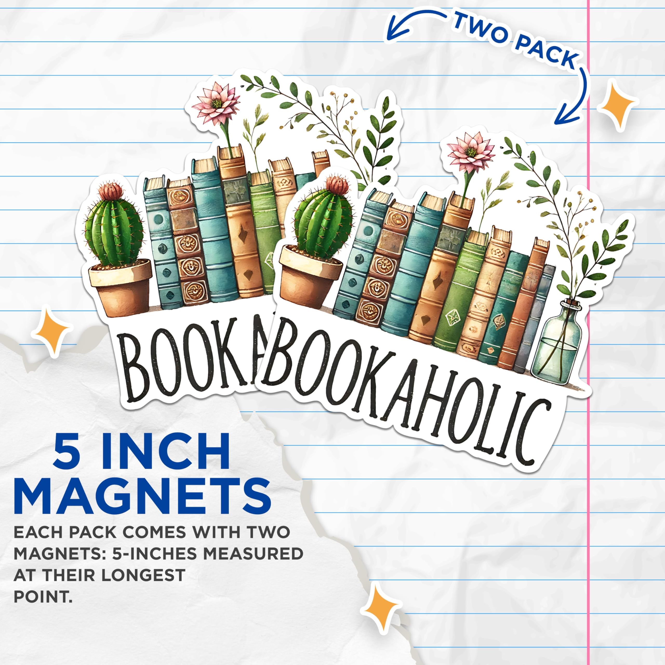 (2 Pack) Bookaholic Magnets - Book Lover Magnets - Cute Plant Book Decoration Magnets- 5" On Longest Side - for Fridges, Toolboxes, Cars - Made in USA - MAG2759