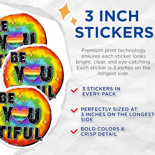(3 Pack) Be You Tiful Decals - Rainbow Heart Stickers - Inspirational Quotes - 3 Inches On Longest Side - Easy Peel & Apply - Made in USA - 3MCS7041