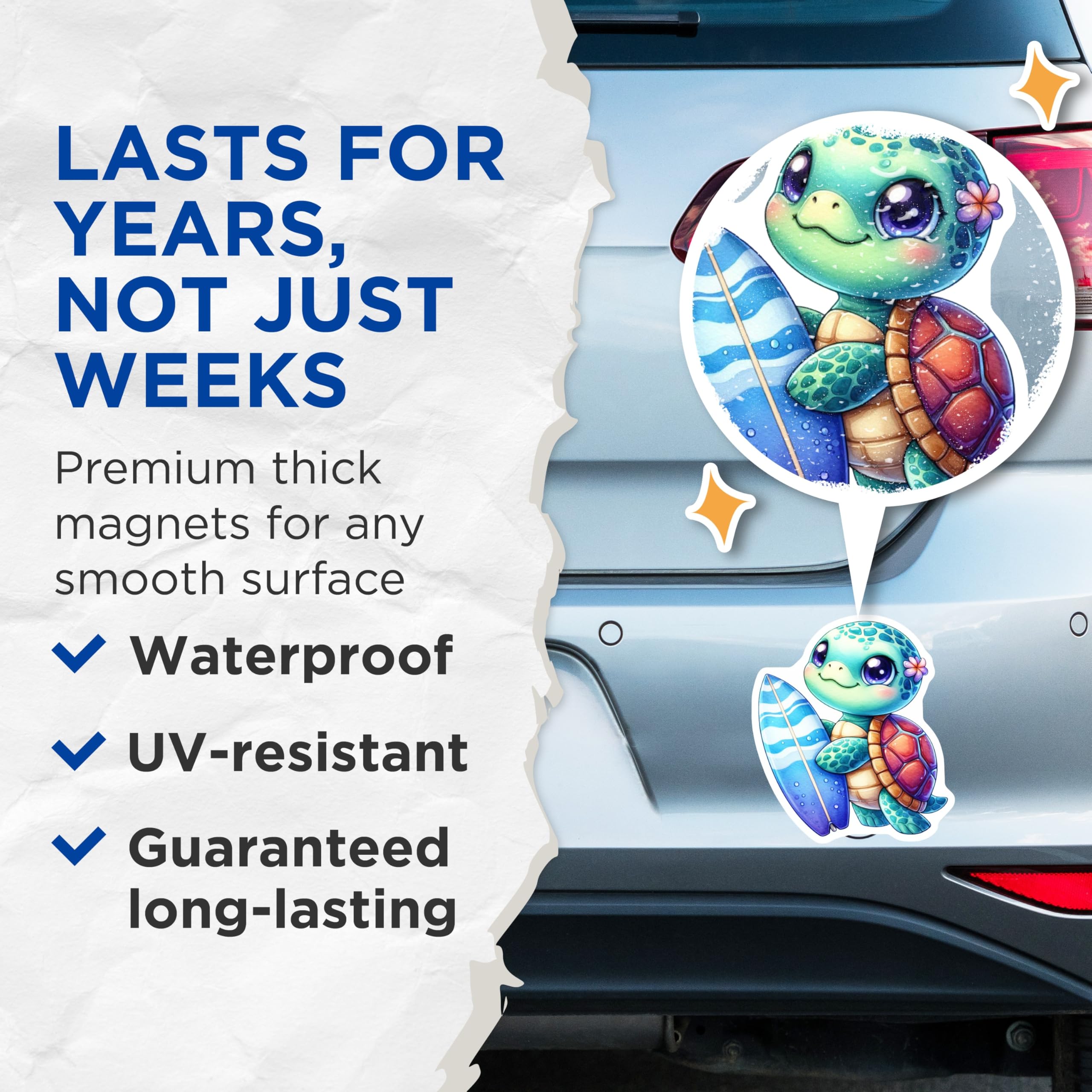 (2 Pack) Cute Sea Turtle Magnets - Adorable Baby Surfer Turtle - Tropical Ocean Beach Fridge Locker Decor - 5 Inches On Longest Side - Thick Durable Magnet - Made in USA - MAG21606