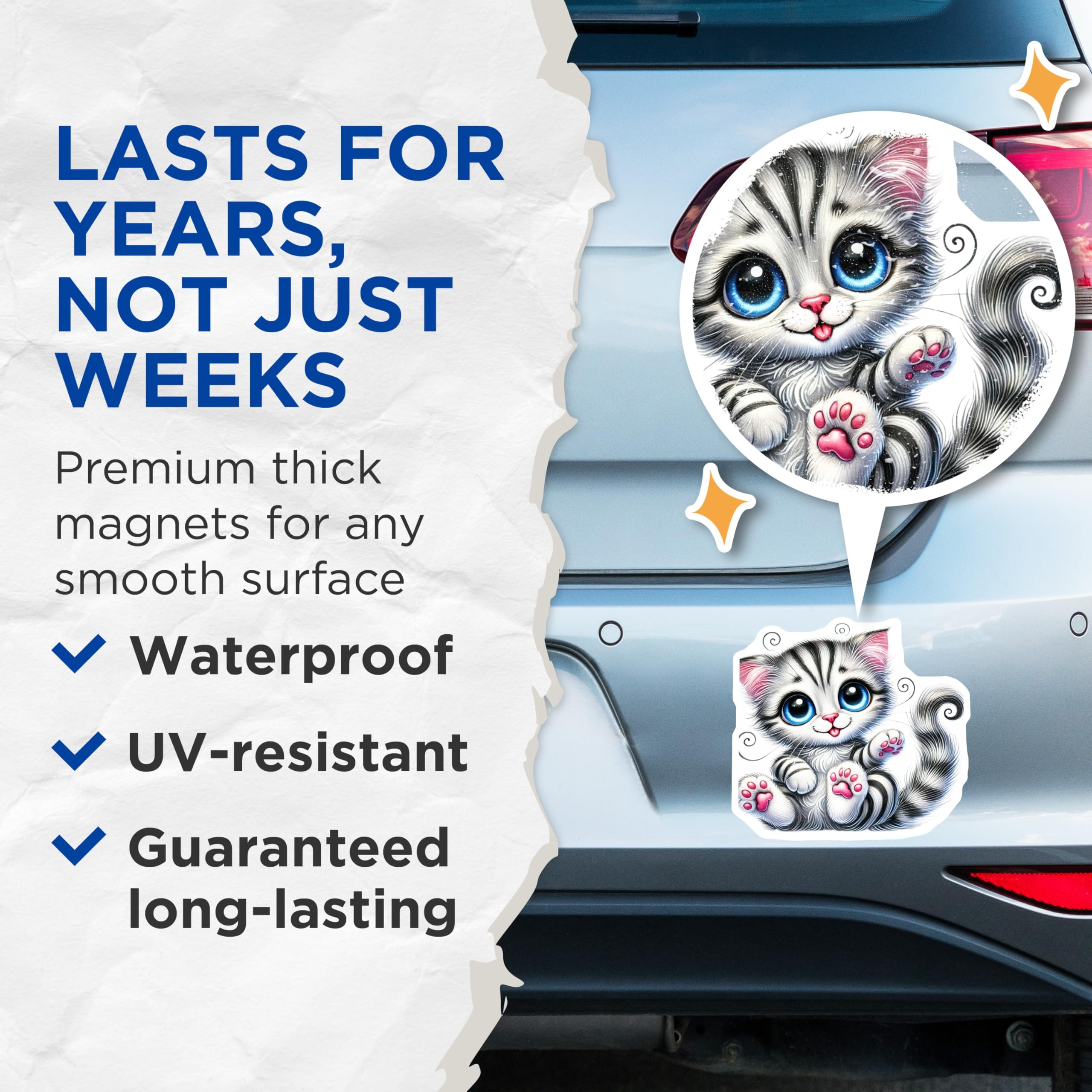 (2 Pack) Cute Kitten Magnets - Adorable Cat Art - Fridge Decorations - 5" On Longest Side - Premium Magnet - for Cars, Refrigerators, Toolboxes, Lockers - Made in USA - MAG16178