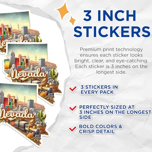 (3 Pack) Nevada State Decals - City Skyline - Train - Cactus Desert Art - 3 Inches On Longest Side - Easy Peel & Apply - Made in USA - 3MCS0153