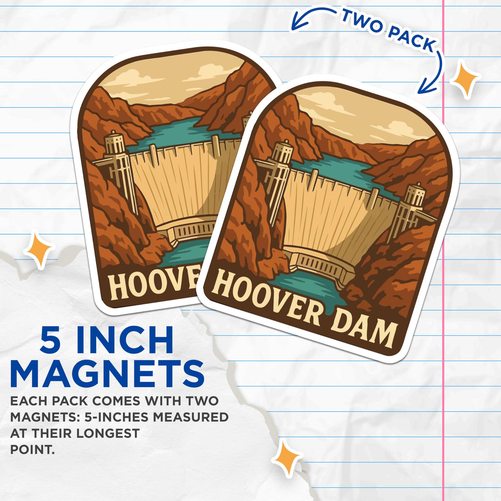 (2 Pack) Hoover Dam Magnets - Nevada Travel Souvenir - Iconic US Landmark Decor - Lake Mead Architecture - 5 Inches On Longest Side - Thick Durable Magnet - Made in USA - MAG19565